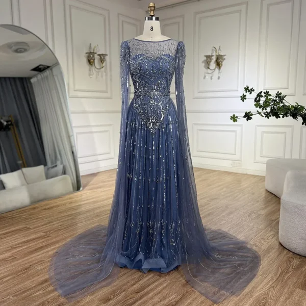 Nove Dress Blue Beaded Cape Sleeve A-Line Arabic Evening Dress - Style BLA72635 1 - Nove Dress