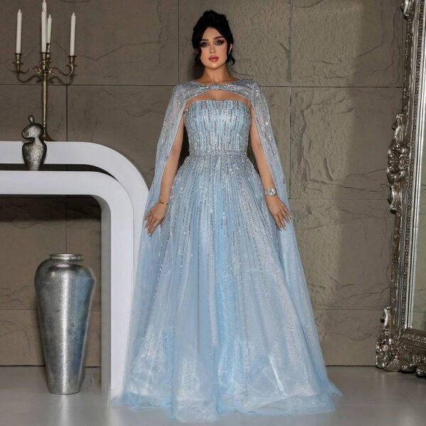 Nove Dress Blue Beaded Cape Sleeve A-Line Arabic Evening Dress - Style LA72427 1 - Nove Dress