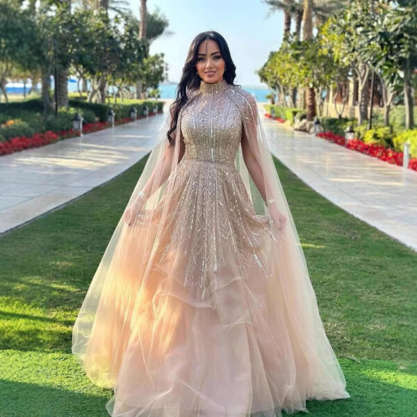 Nove Dress Blue Beaded Cape Sleeve A-Line Arabic Evening Dress - Style LA72728 1 - Nove Dress