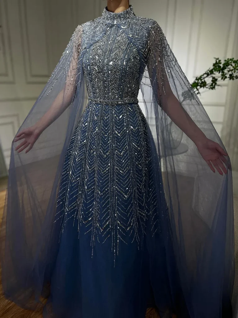Nove Dress Blue Beaded Cape Sleeve A-Line Arabic Evening Dress - Style