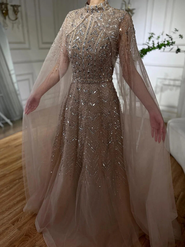 Nove Dress Blue Beaded Cape Sleeve A-Line Arabic Evening Dress - Style