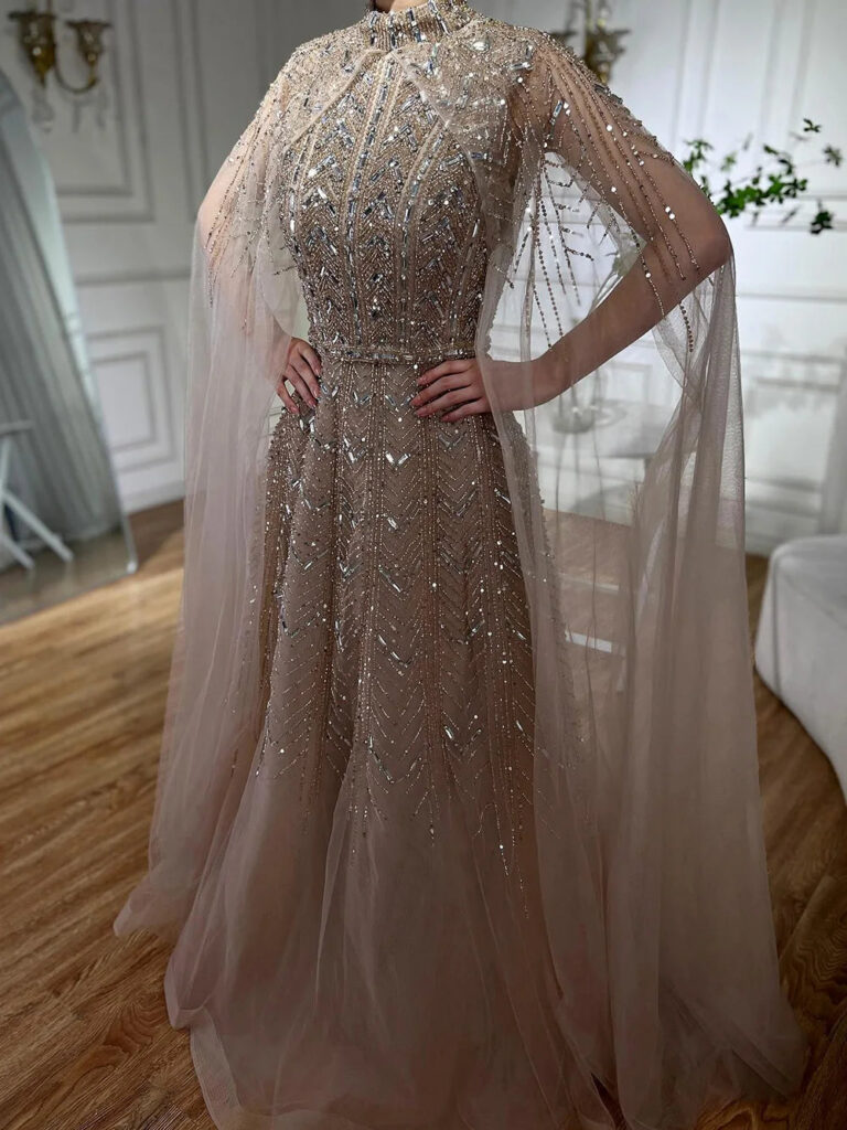 Nove Dress Blue Beaded Cape Sleeve A-Line Arabic Evening Dress - Style