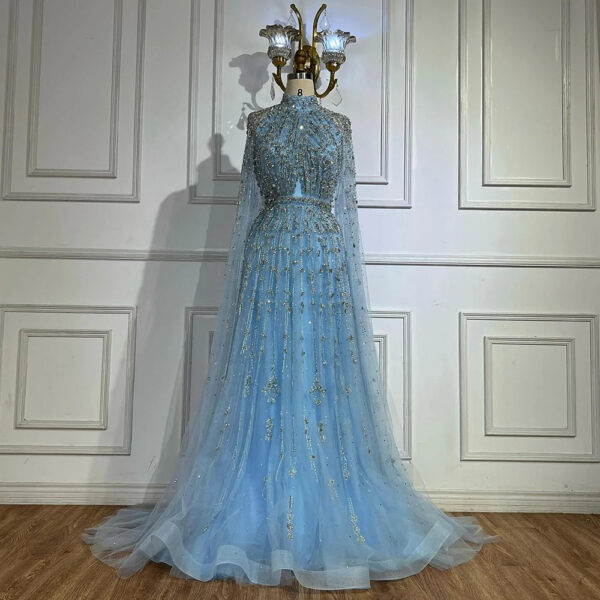 Nove Dress Blue Beaded Cape Sleeve A-Line Evening Dress 1 - Nove Dress