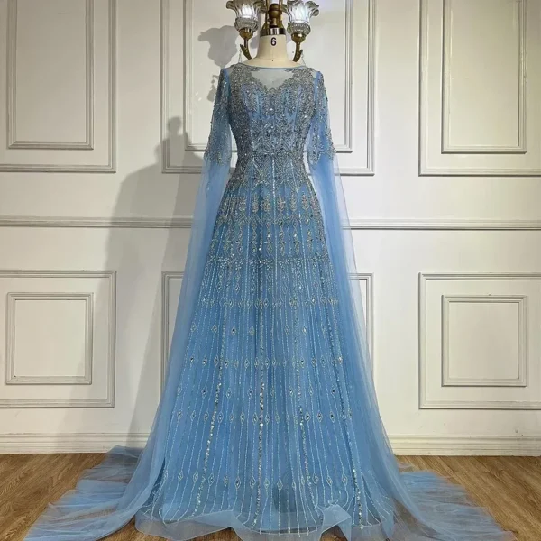 Nove Dress Blue Beaded Cape Sleeve A-Line Modest Evening Dress 1 - Nove Dress
