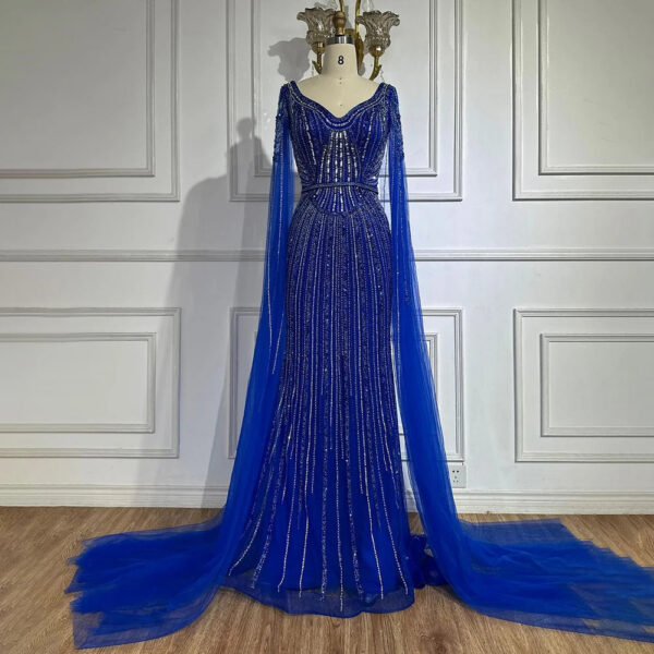 Nove Dress Blue Beaded Cape Sleeve Arabic Evening Dress 1 - Nove Dress