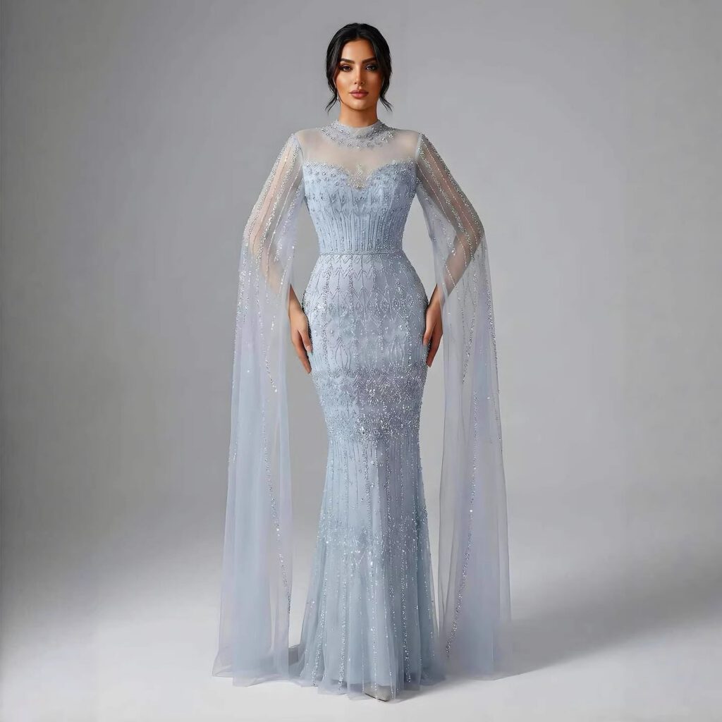 Nove Dress blau Meerjungfrau Abendkleid mit Perlenstickerei und Cape-Ärmeln im arabischen Stil