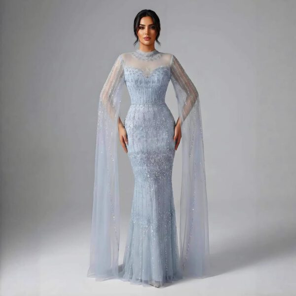 Nove Dress Blue Beaded Cape Sleeve Mermaid Arabic Evening Dress - Style 4915 1 - Nove Dress