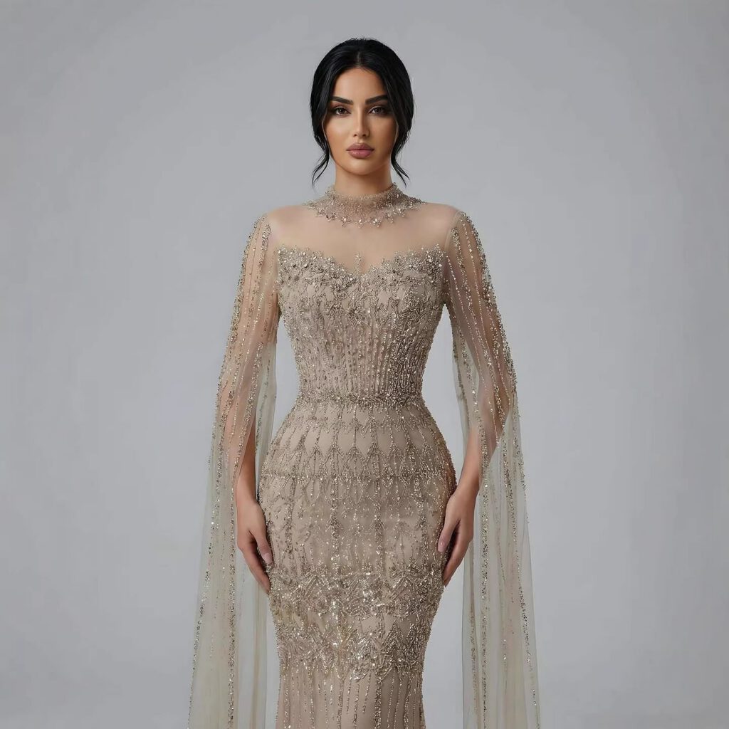 Nove Dress blau Meerjungfrau Abendkleid mit Perlenstickerei und Cape-Ärmeln im arabischen Stil