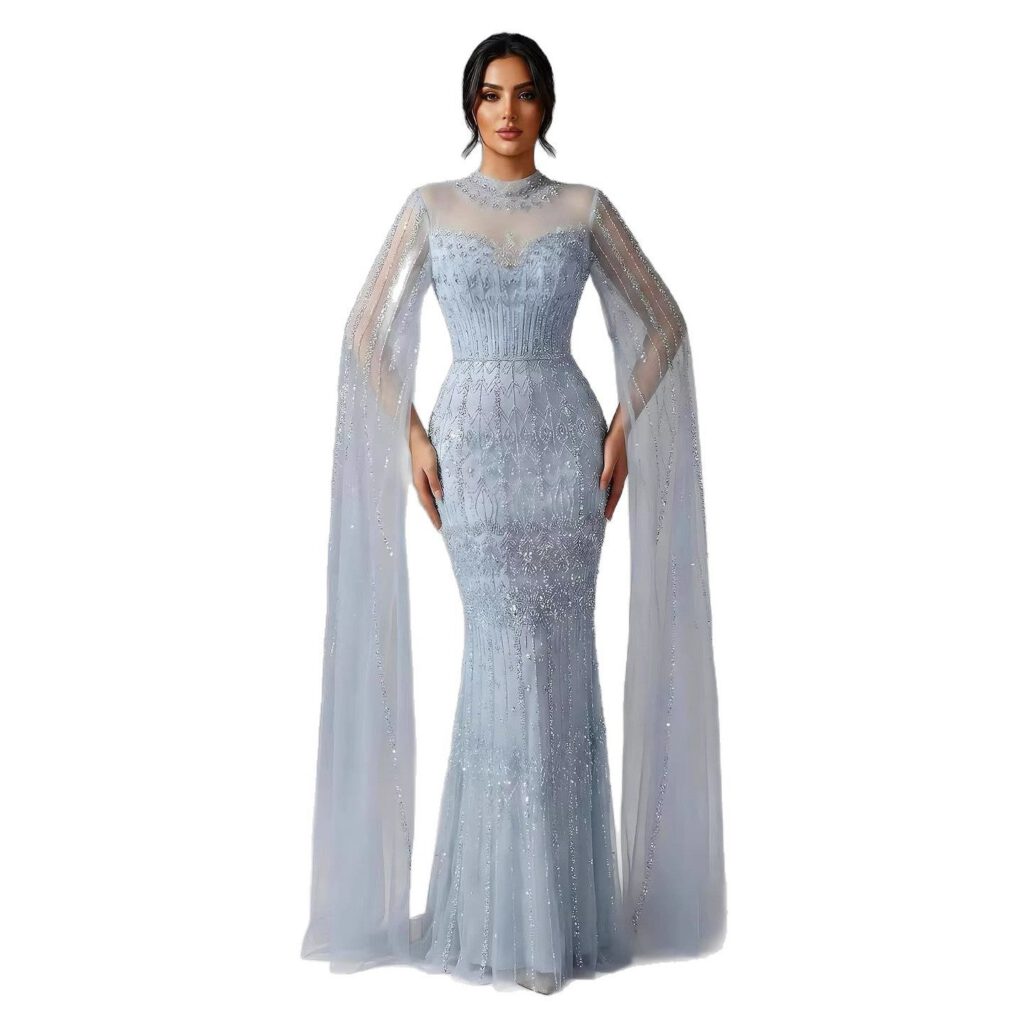 Nove Dress blau Meerjungfrau Abendkleid mit Perlenstickerei und Cape-Ärmeln im arabischen Stil