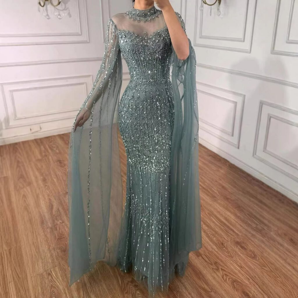 Nove Dress blau Meerjungfrau Abendkleid mit Perlenstickerei und Cape-Ärmeln im arabischen Stil