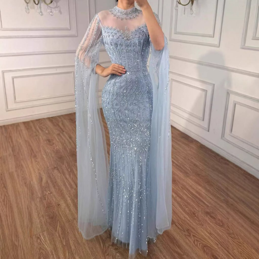 Nove Dress blau Meerjungfrau Abendkleid mit Perlenstickerei und Cape-Ärmeln im arabischen Stil
