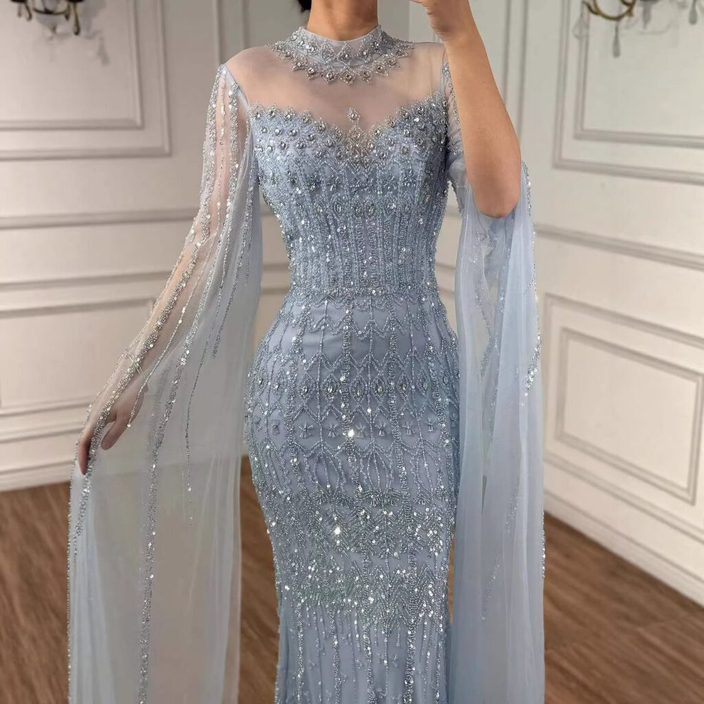 Nove Dress blau Meerjungfrau Abendkleid mit Perlenstickerei und Cape-Ärmeln im arabischen Stil