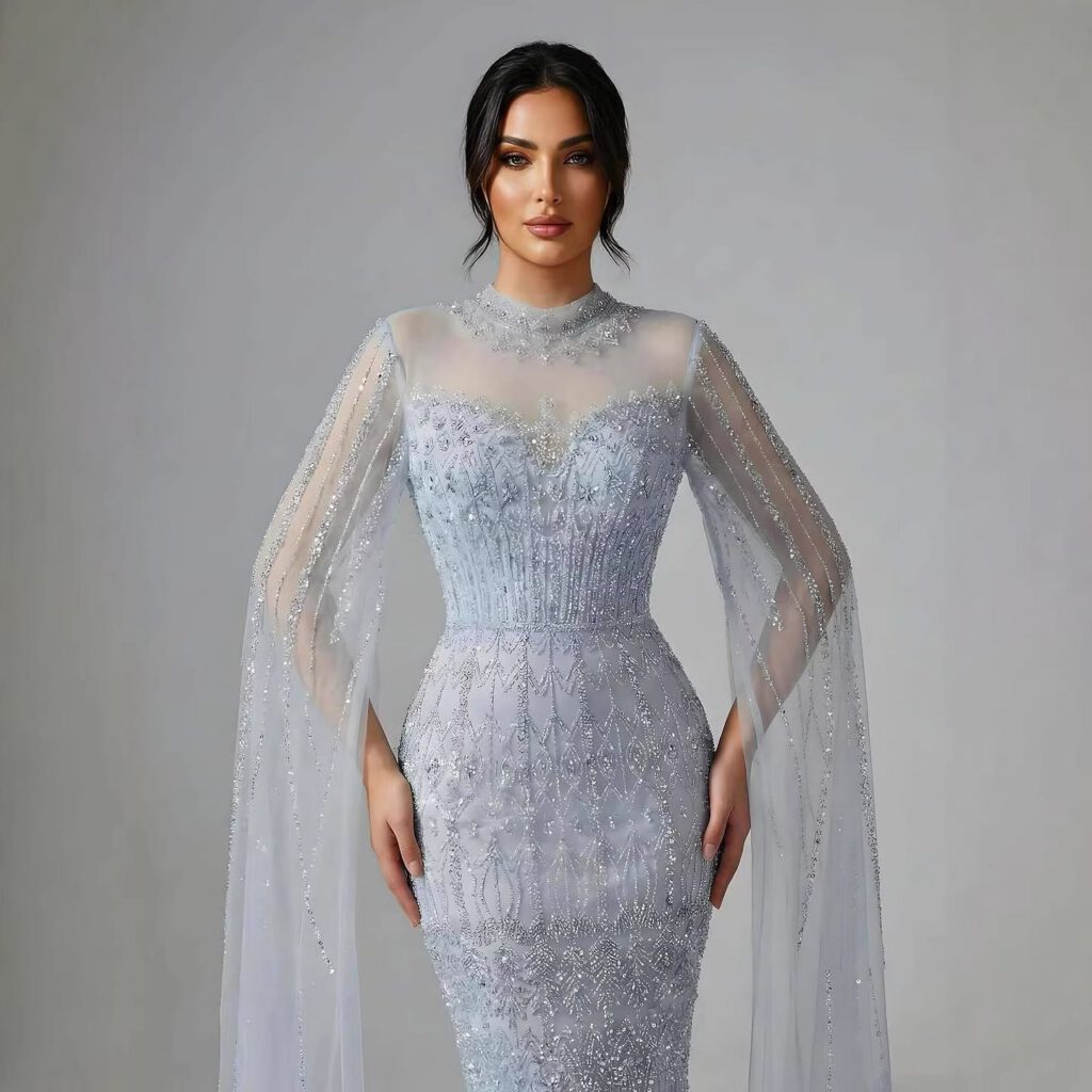 Nove Dress blau Meerjungfrau Abendkleid mit Perlenstickerei und Cape-Ärmeln im arabischen Stil