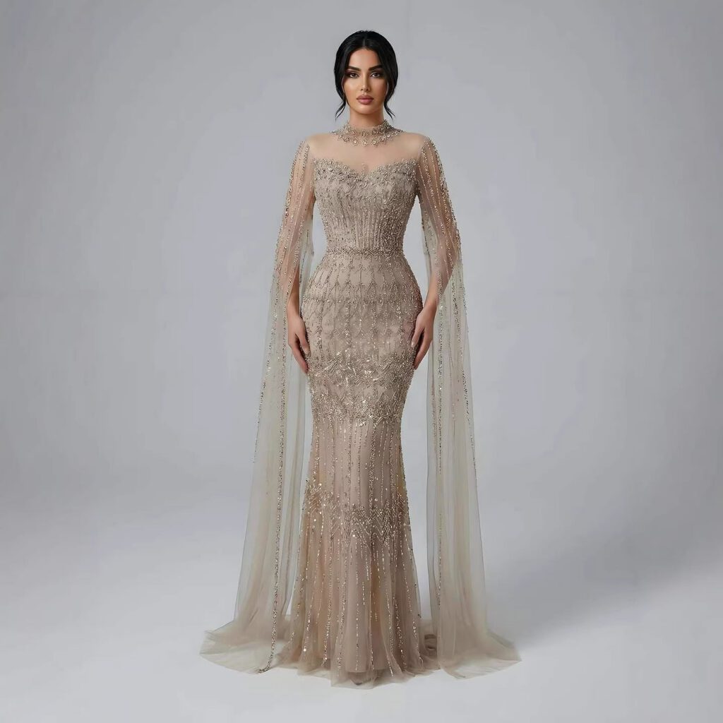 Nove Dress blau Meerjungfrau Abendkleid mit Perlenstickerei und Cape-Ärmeln im arabischen Stil