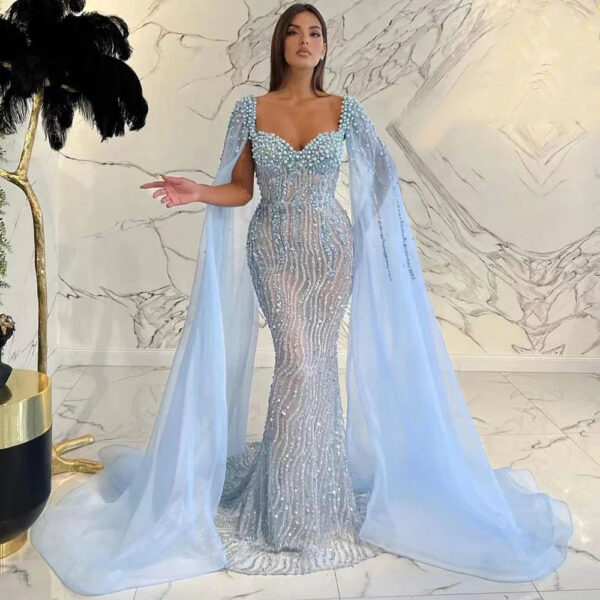 Nove Dress Blue Beaded Cape Sleeve Mermaid Arabic Evening Dress - Style LA71715 1 - Nove Dress