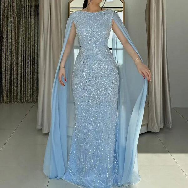 Nove Dress Blue Beaded Cape Sleeve Mermaid Arabic Evening Dress - Style LA72160A 1 - Nove Dress