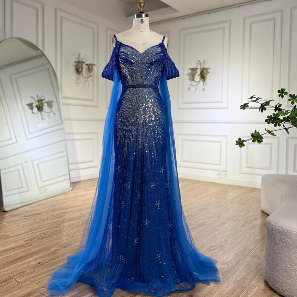Nove Dress Blue Beaded Cape Sleeve Mermaid Arabic Evening Dress - Style LA72707 1 - Nove Dress
