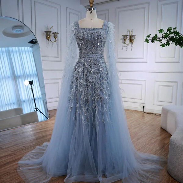 Nove Dress Blue Beaded Feather A-Line Evening Dress - Style LA73043 1 - Nove Dress