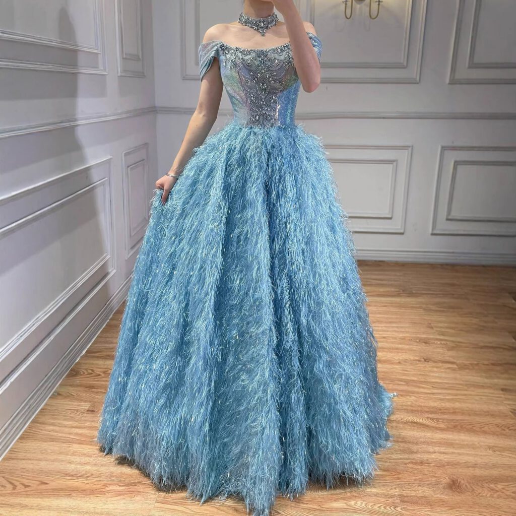 Nove Dress Blue Beaded Feather A-Line Evening Dress - Style