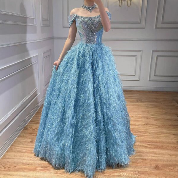 Nove Dress Blue Beaded Feather A-Line Evening Dress - Style LA73511 1 - Nove Dress