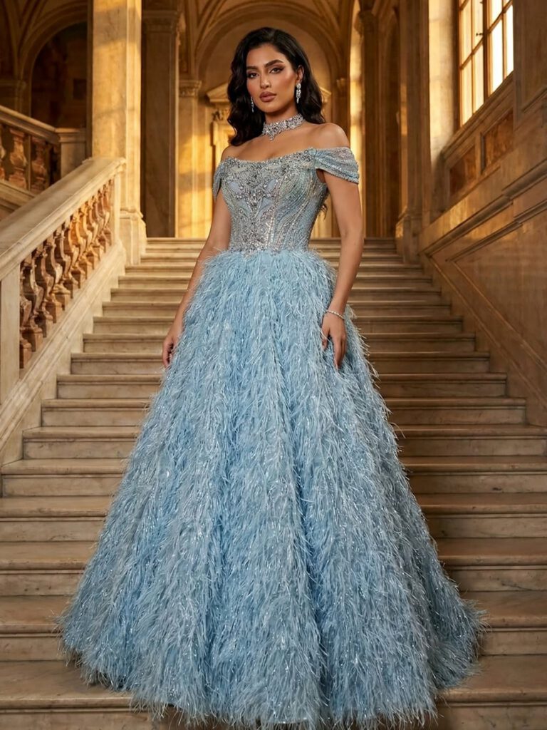 Nove Dress Blue Beaded Feather A-Line Evening Dress - Style