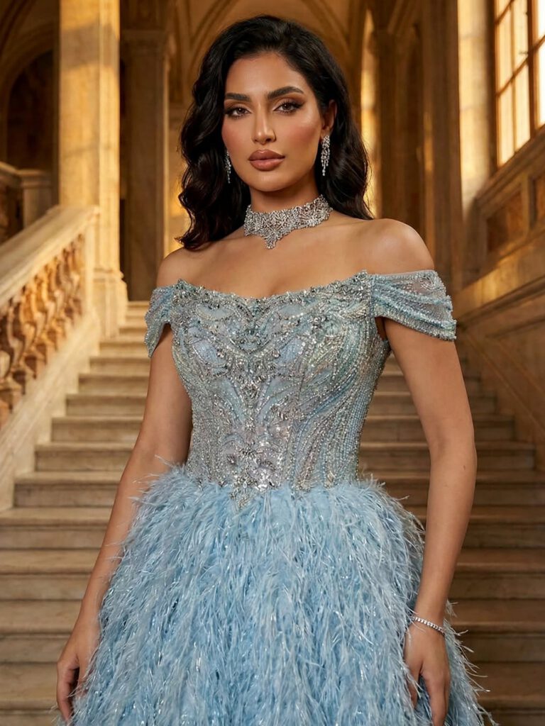 Nove Dress Blue Beaded Feather A-Line Evening Dress - Style
