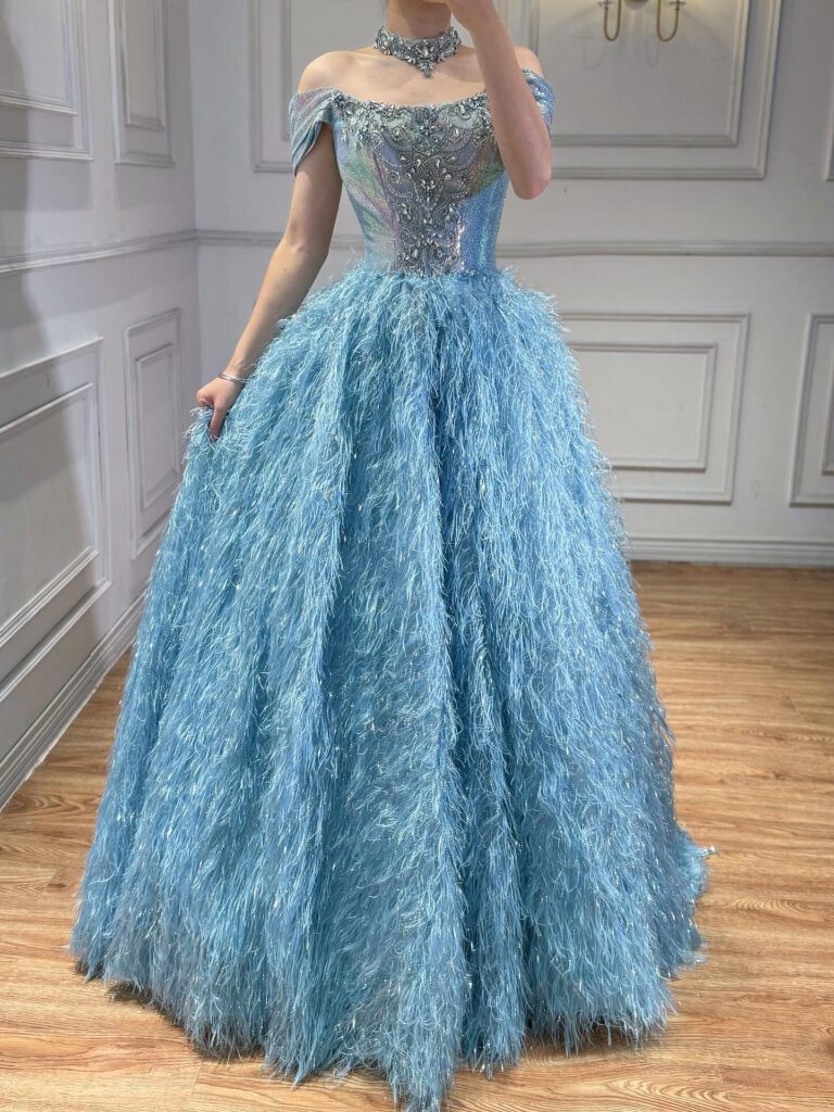 Nove Dress Blue Beaded Feather A-Line Evening Dress - Style