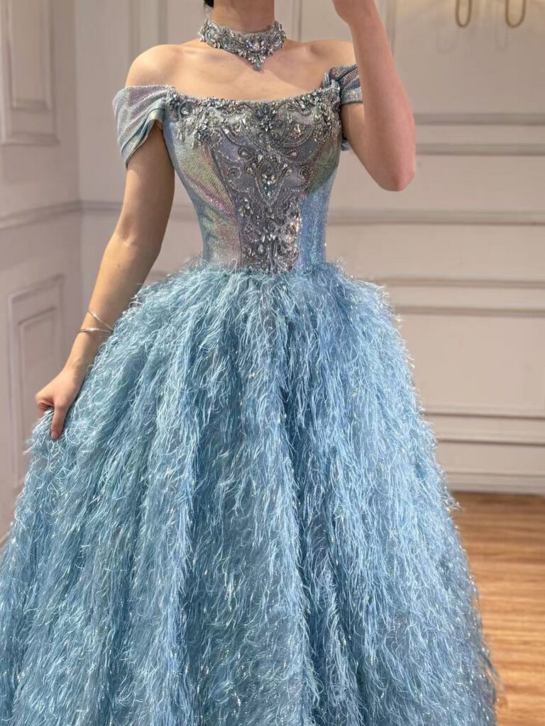 Nove Dress Blue Beaded Feather A-Line Evening Dress - Style