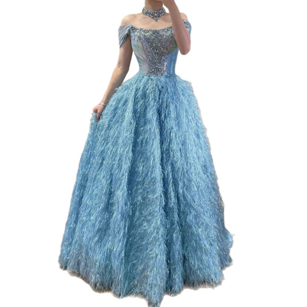 Nove Dress Blue Beaded Feather A-Line Evening Dress - Style
