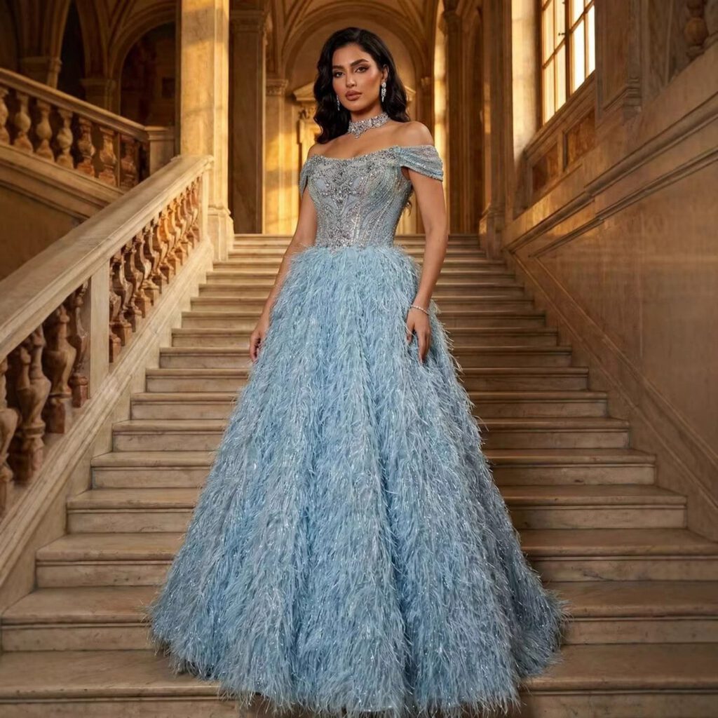 Nove Dress Blue Beaded Feather A-Line Evening Dress - Style
