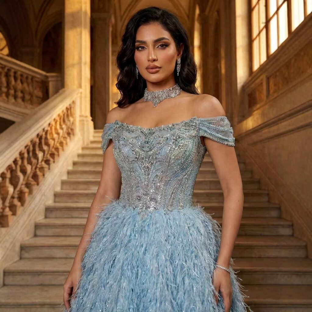 Nove Dress Blue Beaded Feather A-Line Evening Dress - Style