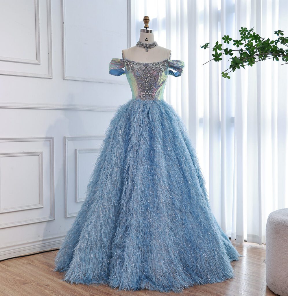 Nove Dress Blue Beaded Feather A-Line Evening Dress - Style