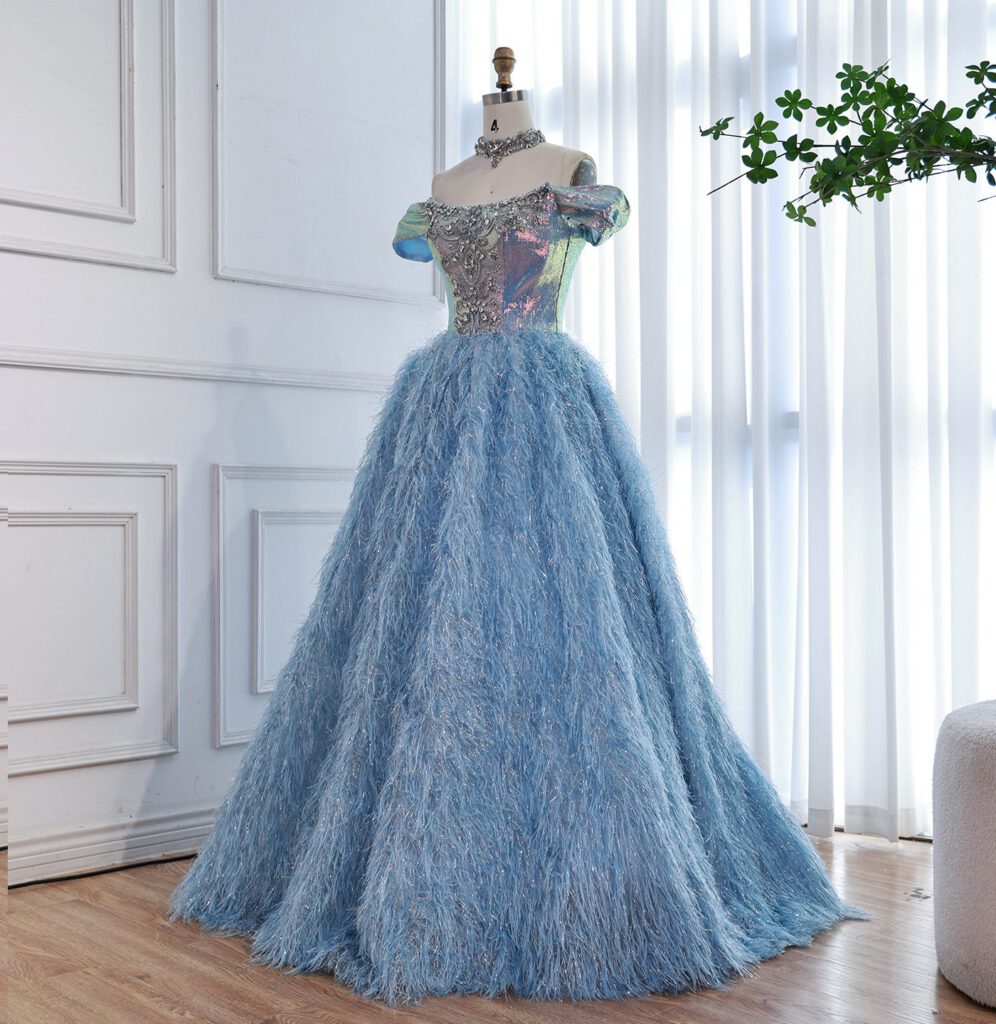 Nove Dress Blue Beaded Feather A-Line Evening Dress - Style