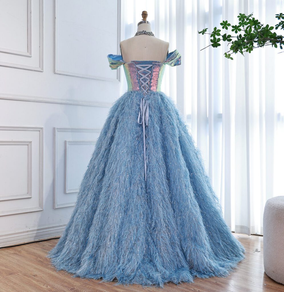 Nove Dress Blue Beaded Feather A-Line Evening Dress - Style