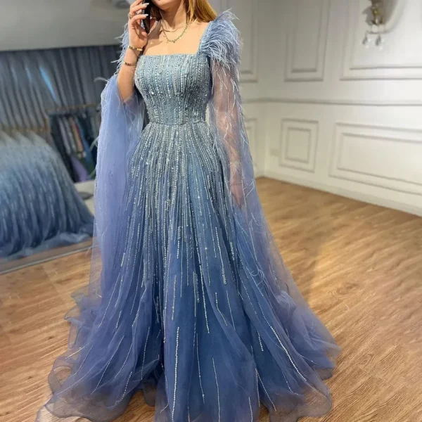 Nove Dress Blue Beaded Feather Cape Sleeve A-Line Arabic Evening Dress 1 - Nove Dress