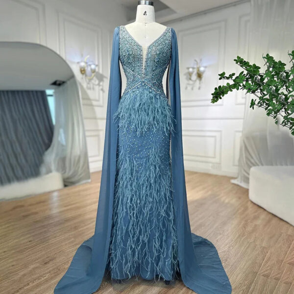 Nove Dress Blue Beaded Feather Mermaid Arabic Evening Dress - Style LA71583B 1 - Nove Dress