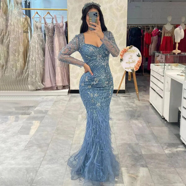 Nove Dress Blue Beaded Feather Mermaid Arabic Evening Dress - Style LA71818 1 - Nove Dress