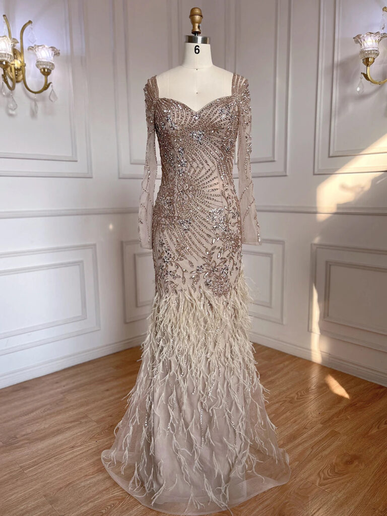 Nove Dress Blue Beaded Feather Mermaid Arabic Evening Dress - Style