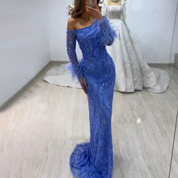 Nove Dress Blue Beaded Feather One Shoulder Mermaid Evening Dress 1 - Nove Dress
