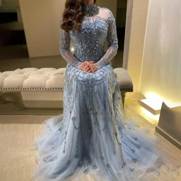Nove Dress Blue Beaded Lace A-Line Arabic Evening Dress 1 - Nove Dress