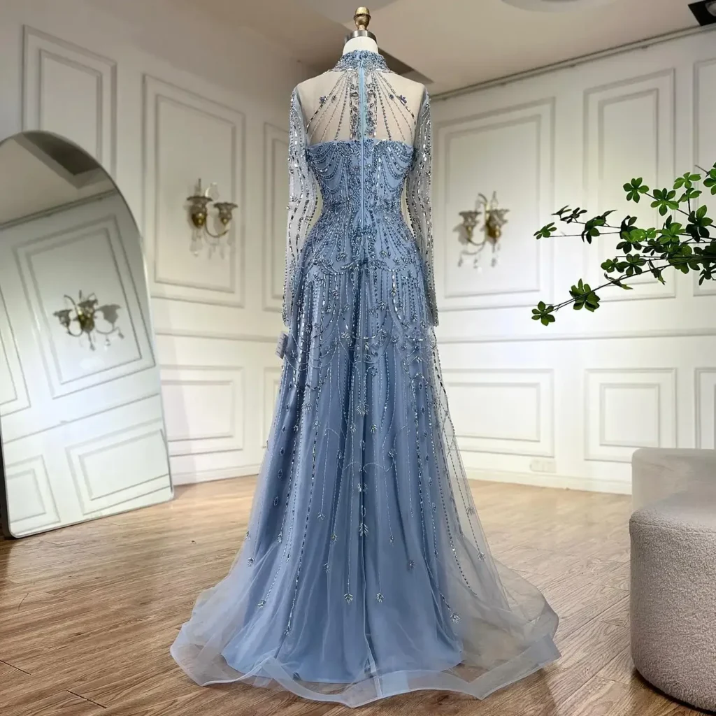 Nove Dress فستان سهرة أزرق قصة A-line مطرز دانتيل عربي