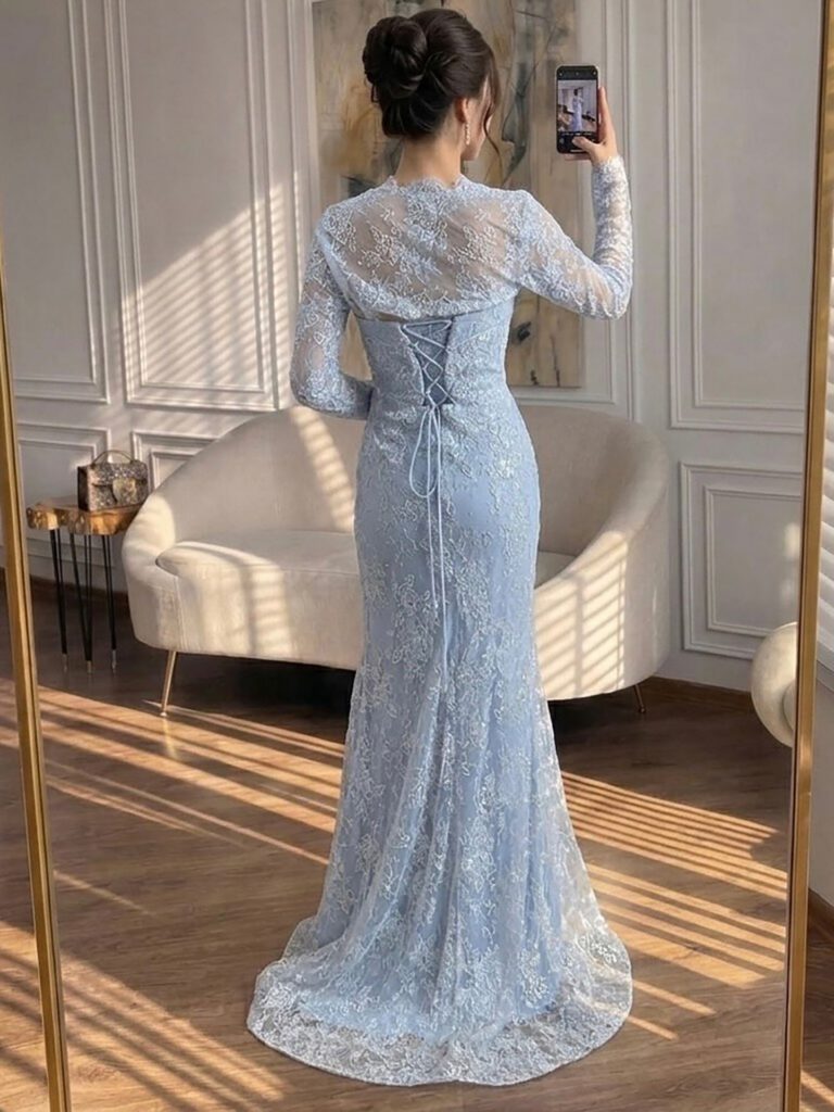 Nove Dress blau Meerjungfrau Abendkleid mit Perlenstickerei und Spitze