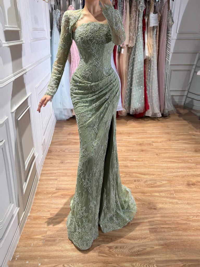 Nove Dress blau Meerjungfrau Abendkleid mit Perlenstickerei und Spitze