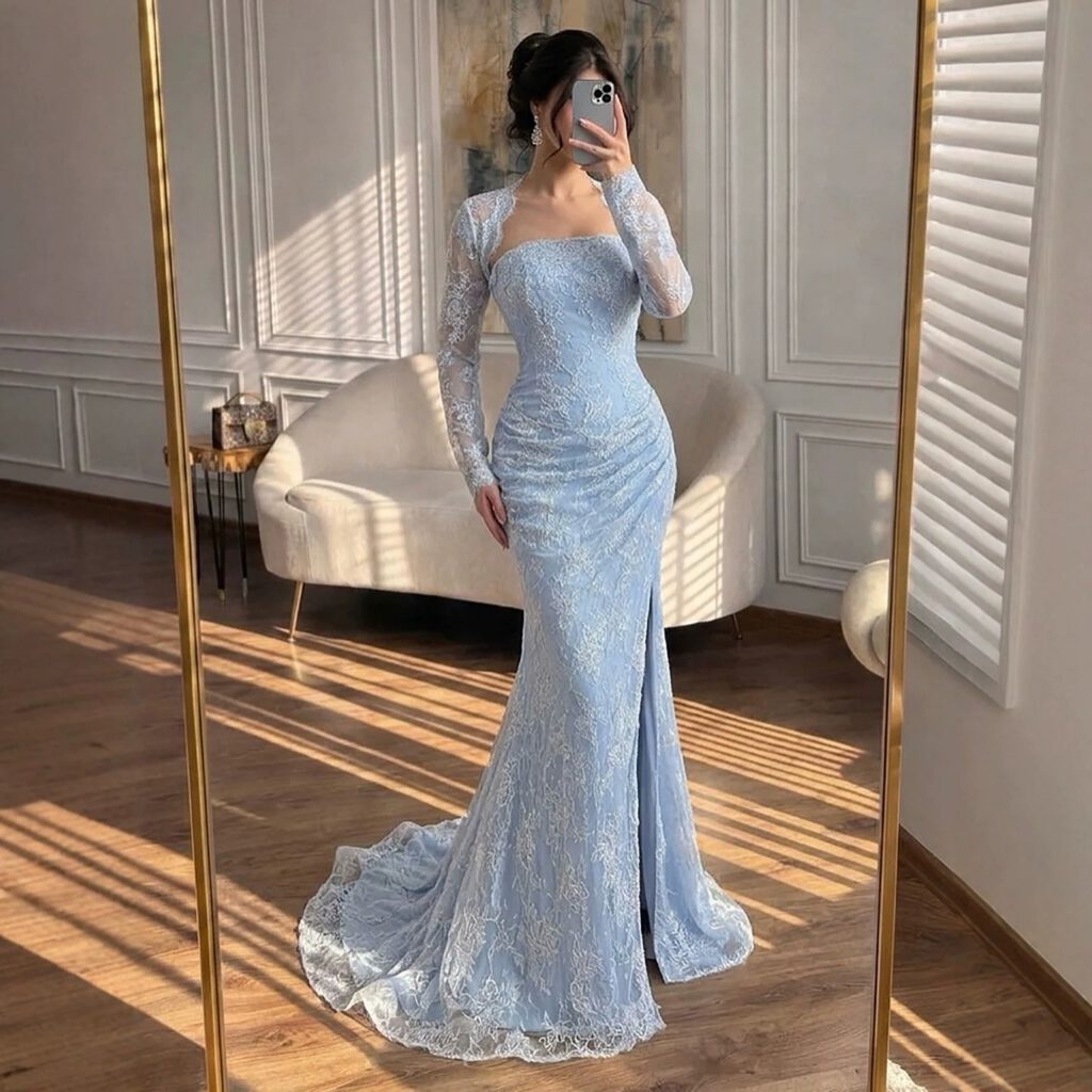 Nove Dress blau Meerjungfrau Abendkleid mit Perlenstickerei und Spitze