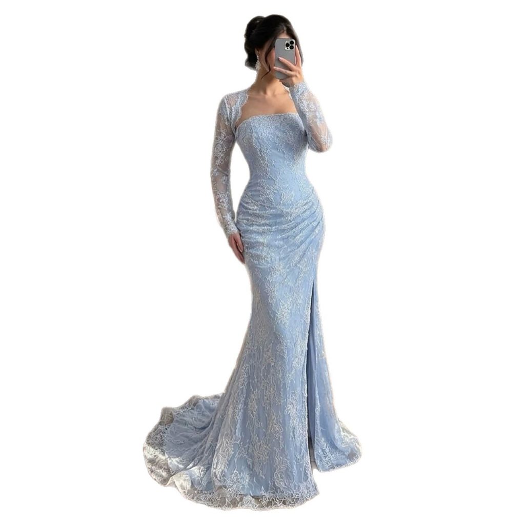 Nove Dress blau Meerjungfrau Abendkleid mit Perlenstickerei und Spitze