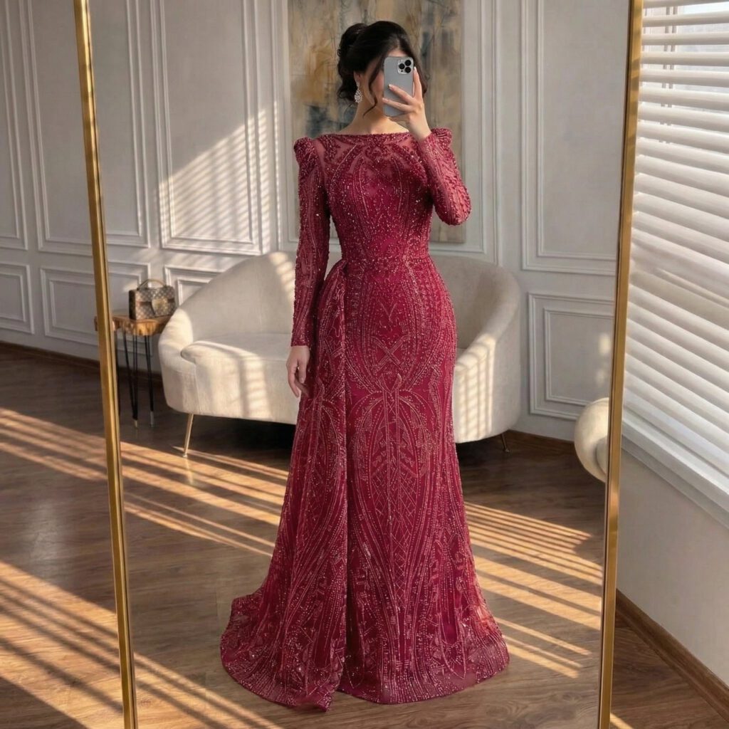 Nove Dress فستان سهرة أزرق حورية البحر مطرز دانتيل محتشم