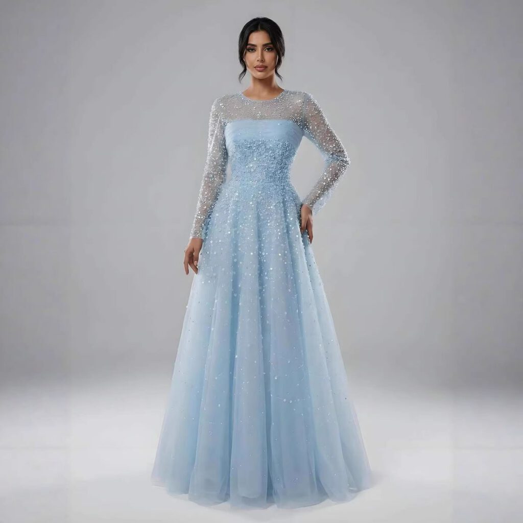 Nove Dress Blue Beaded Long Sleeve A-Line Arabic Evening Dress