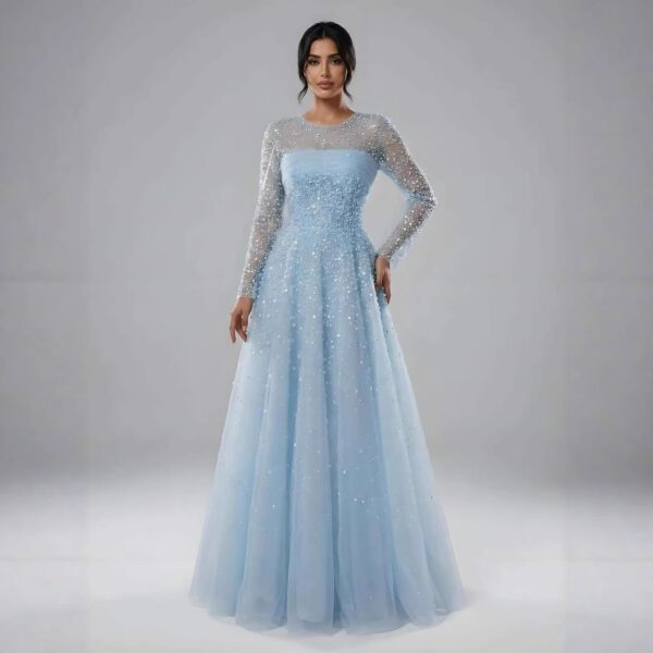 Nove Dress Blue Beaded Long Sleeve A-Line Arabic Evening Dress 1 - Nove Dress