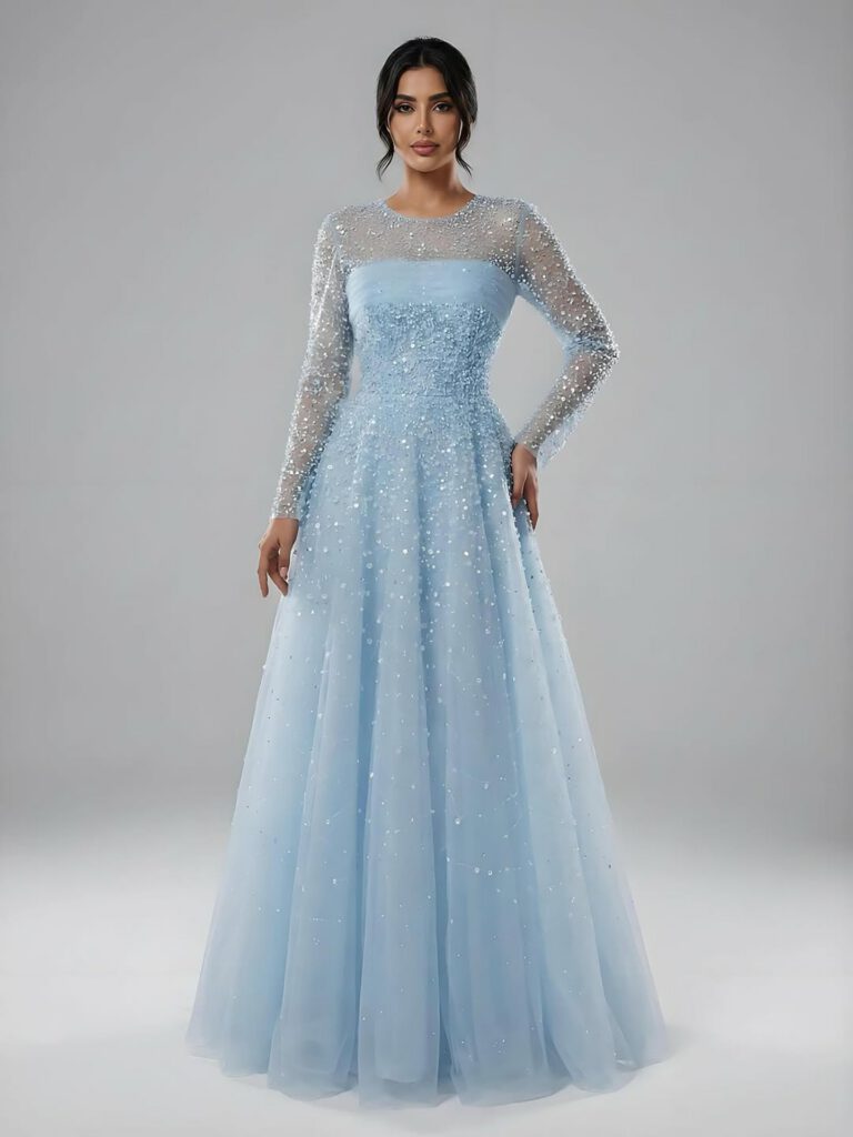 Nove Dress Blue Beaded Long Sleeve A-Line Arabic Evening Dress