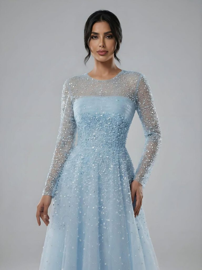 Nove Dress Blue Beaded Long Sleeve A-Line Arabic Evening Dress